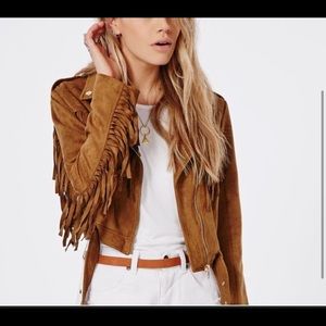 Missguided Brown Fringe Biker Jacket UK 8 US 4